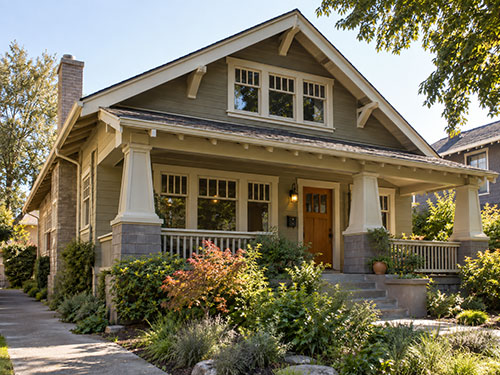 Craftsman bungalow with a low broad roof, deep eaves, tapered porch columns and grouped divided-light windows