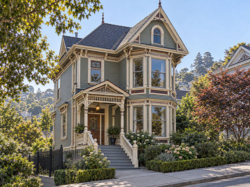 Queen Anne Victorian house with a corner turret, projecting bay windows, steep gables and tall double-hung sash