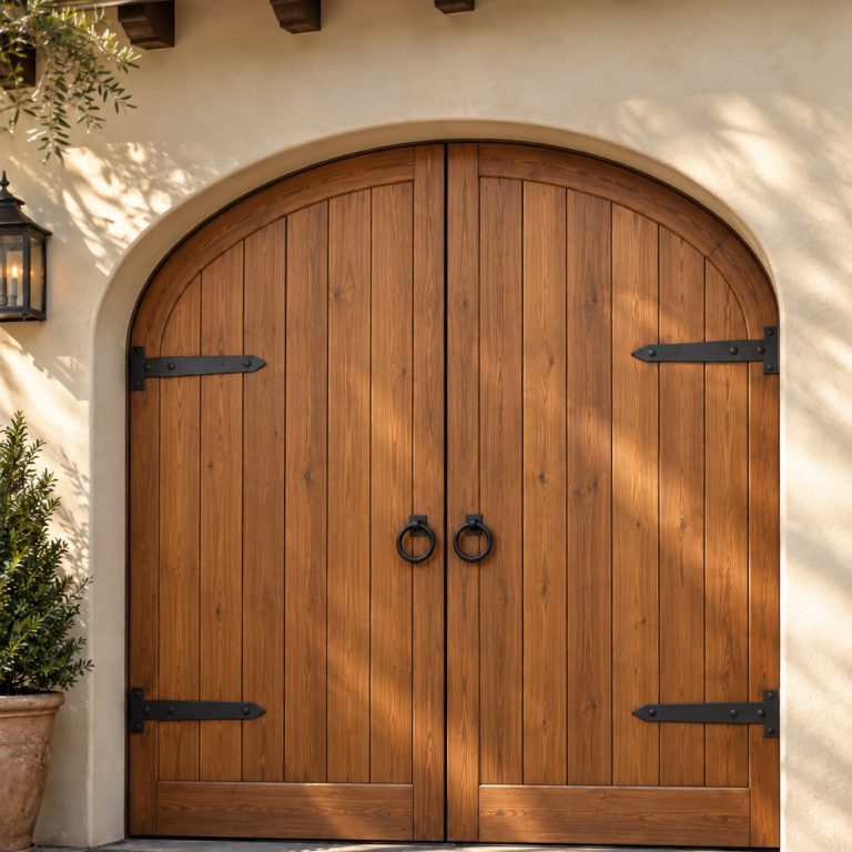 Arched wooden carriage doors with traditional strap hinges and ring pulls, set in a stucco archway