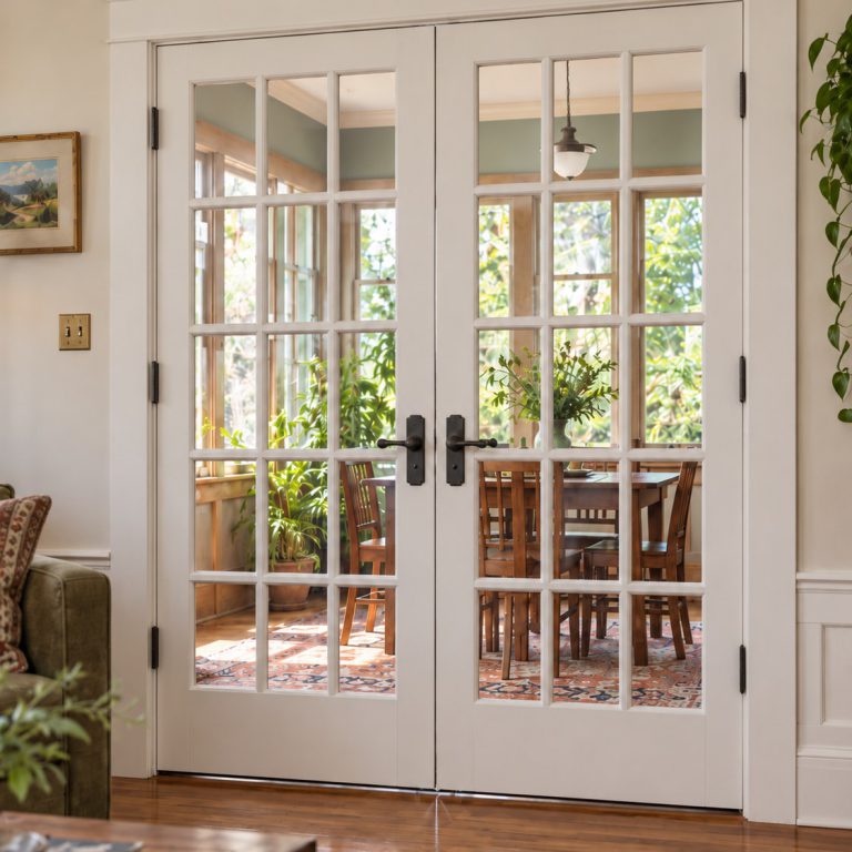 Paneled interior French doors with divided-light glass, opening from a living room into a sunroom